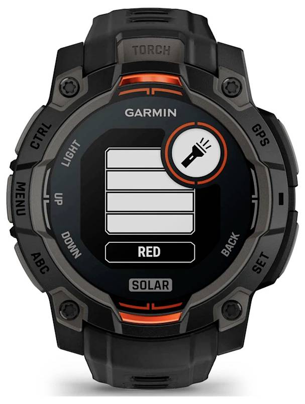 Garmin Solar-Smartwatch mit integrierter Taschenlampe/Taschenlampe auf dem Display, schwarzes robustes Gehäuse und beschriftete Tasten um die Lünette.