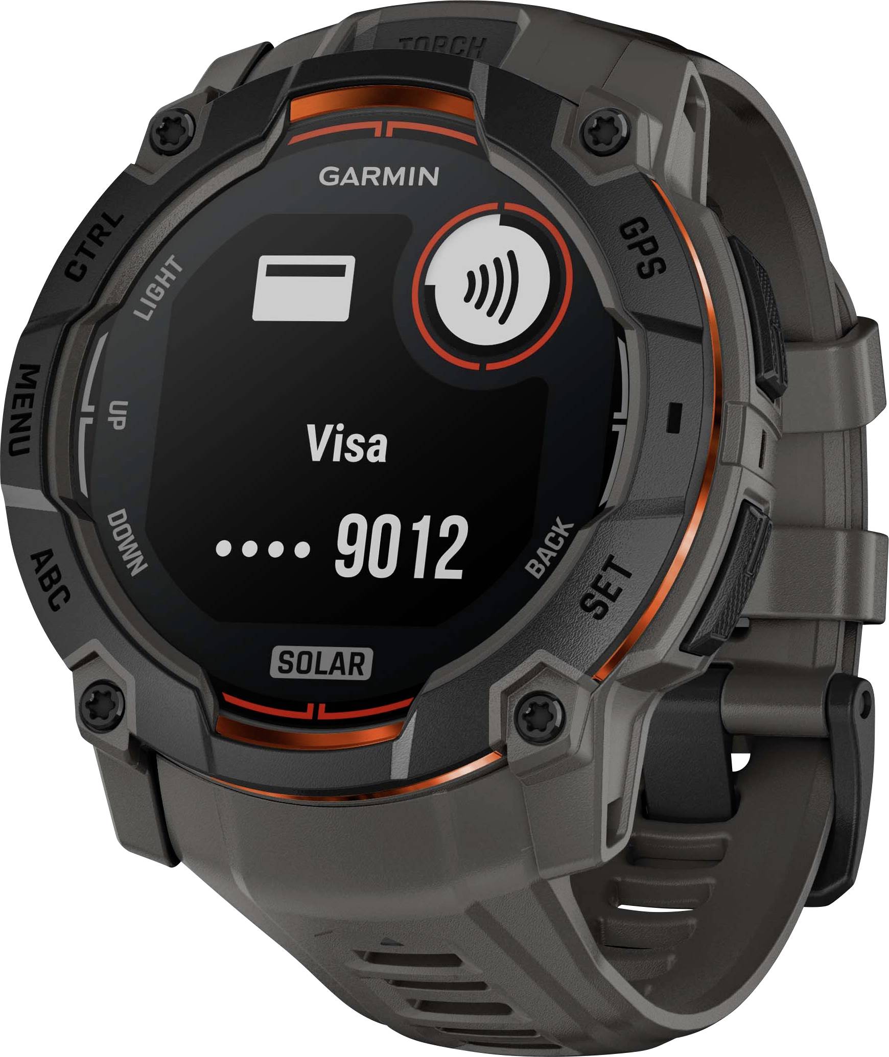 Garmin GPS Smartwatch mit kontaktloser Bezahlung angezeigt, zeigt 