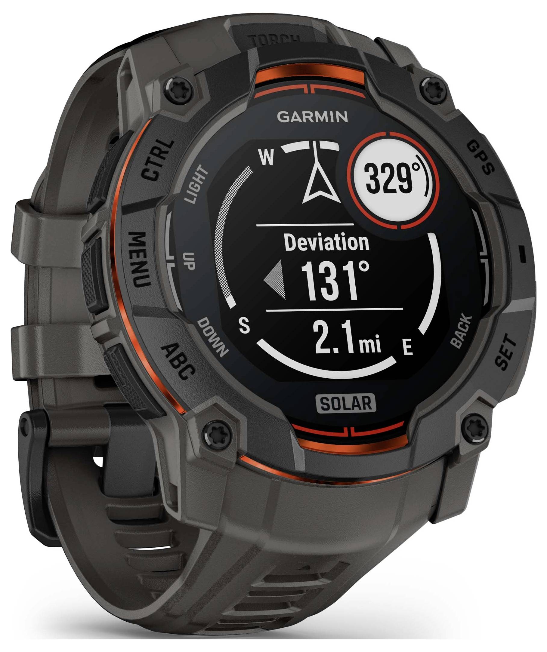 Garmin GPS Smartwatch zeigt Navigationsdaten an, einschließlich 329°, Abweichung 131° und 2,1 mi, mit Kompassindikatoren und Steuertasten.