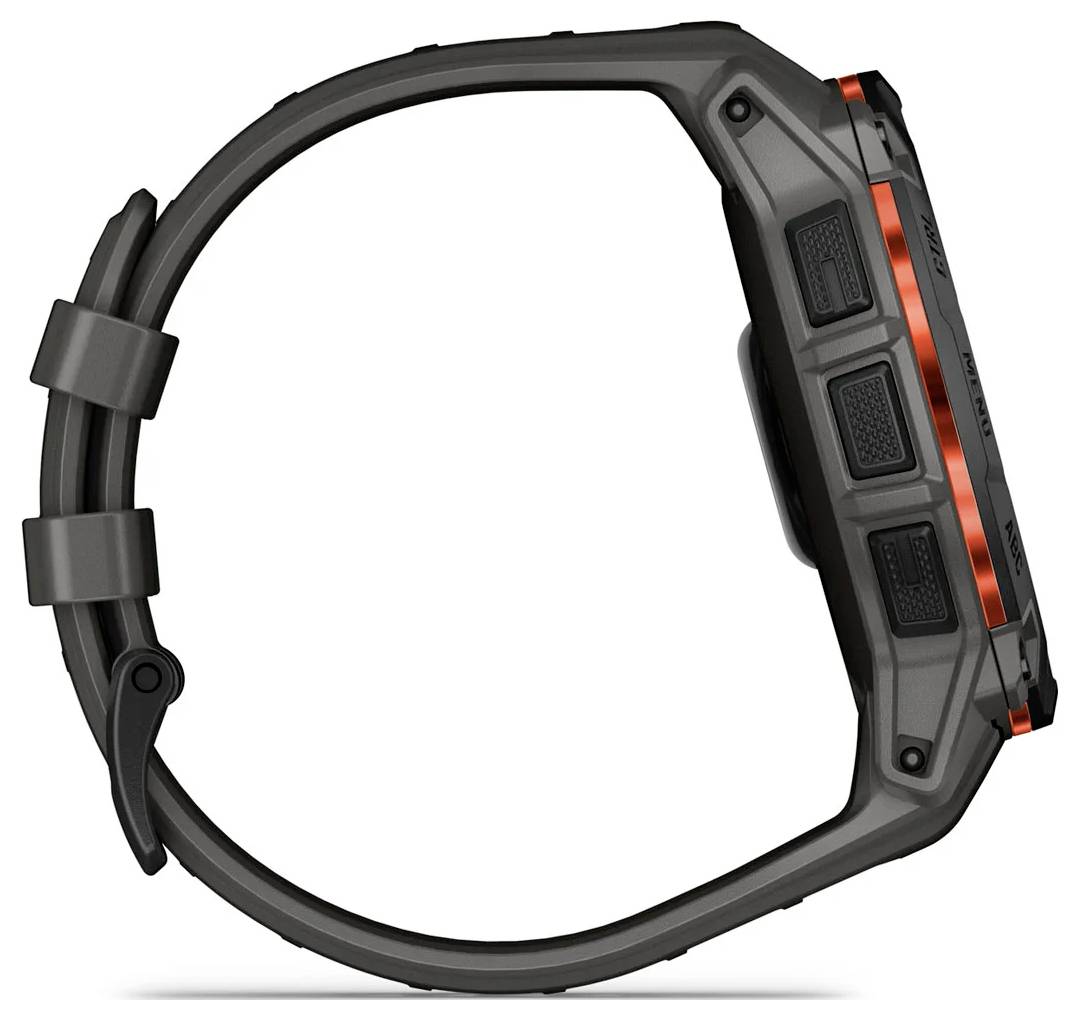 Schwarze robuste digitale Armbanduhr mit orangefarbiger Seitenakzent und großem quadratischem Gehäuse, im Profil auf weißem Hintergrund dargestellt.