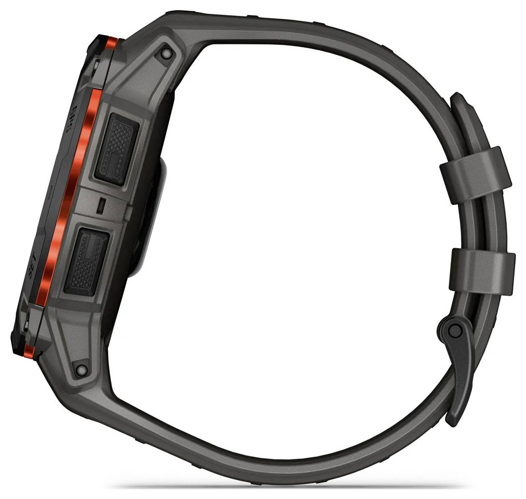 Schwarze Smartwatch mit breitem rechteckigem Gehäuse und orangefarbener Seitenakzent, in Profilansicht auf schwarzem Armband gezeigt.