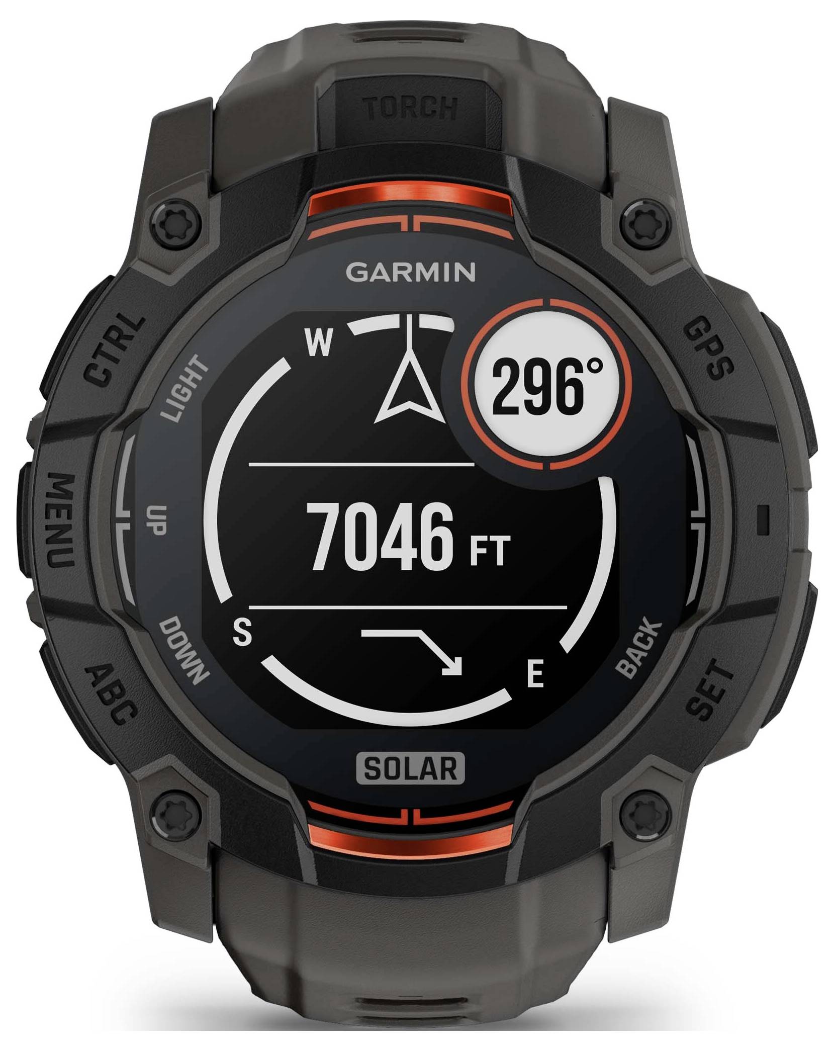 Garmin Solar-GPS-Smartwatch mit Kompass und Höhenmesser: Kurs 296° und Höhe 7046 Fuß.