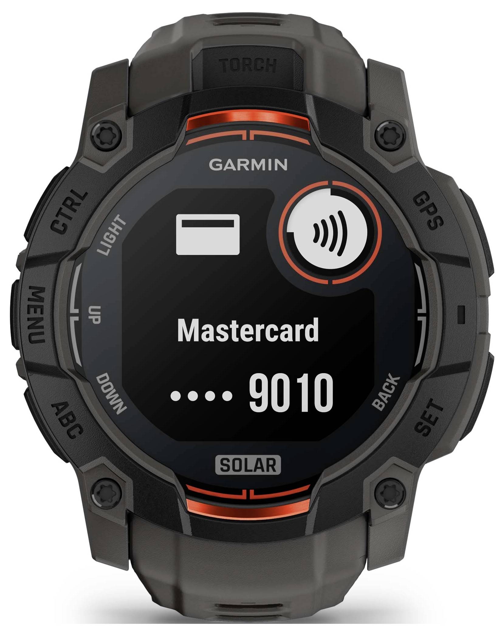 Garmin-Smartwatch mit Mastercard-Zahlungsbildschirm, Kontaktlossymbol und Kartennummer endend auf 9010; robustes Solarmodell.