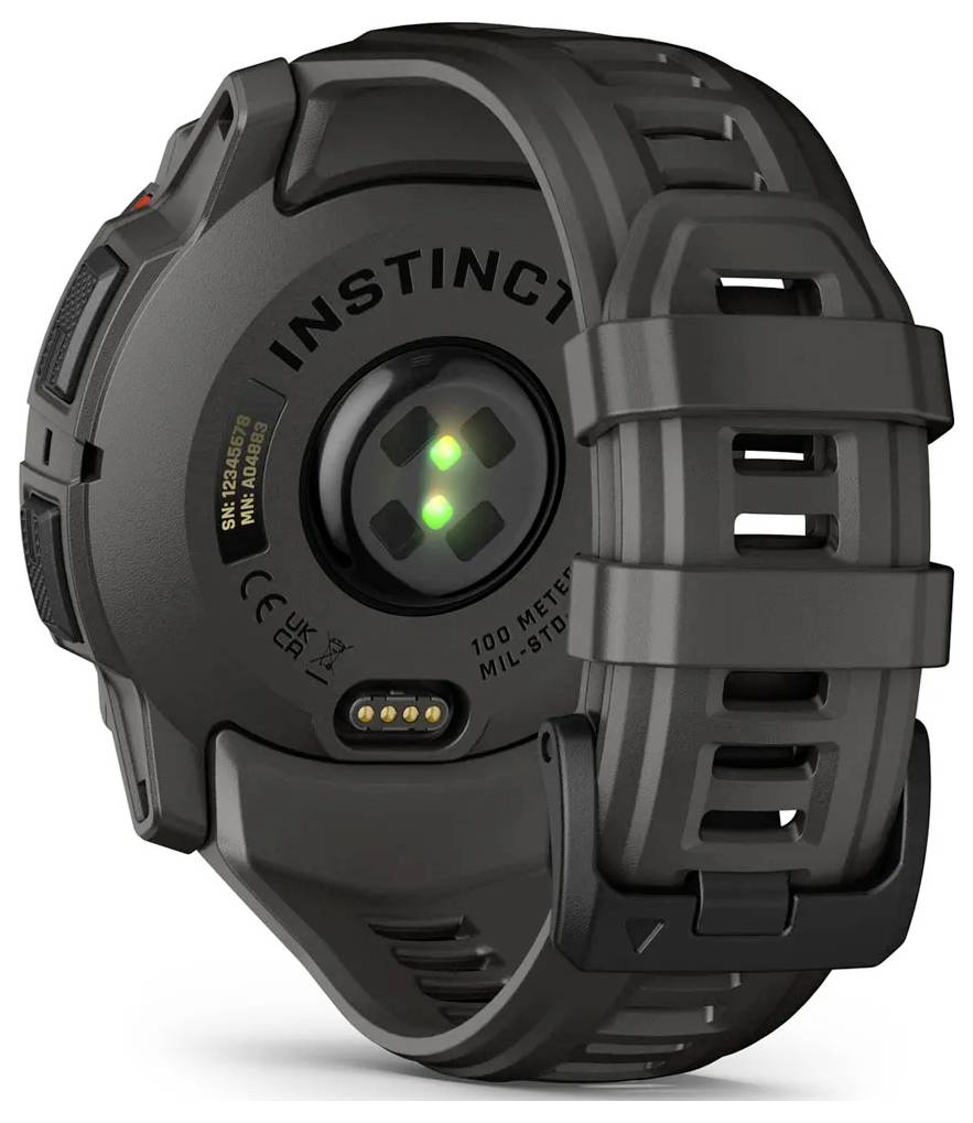 Schwarze Garmin Instinct Smartwatch mit rundem digitalen Display, robustem Gehäuse, Silikonarmband und beleuchteten Sensoren auf weißem Hintergrund.