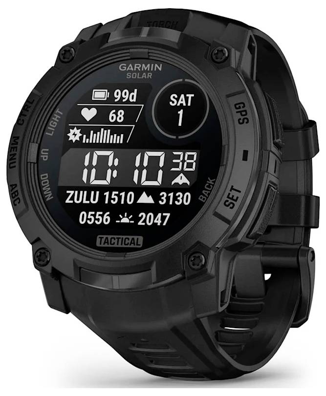 Schwarze Garmin Solar-Tactical-Smartwatch mit digitalem Display, das 99 Tage Akku, Herzfrequenz 68 und Uhrzeit 10:10 am Samstag 1 anzeigt.