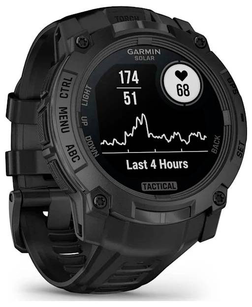 Schwarze Garmin Solar taktische Smartwatch mit einem Herzsymbol, das die Werte 68, 174 und 51 anzeigt, und einem 4-Stunden-Liniengraphen auf dem Display.