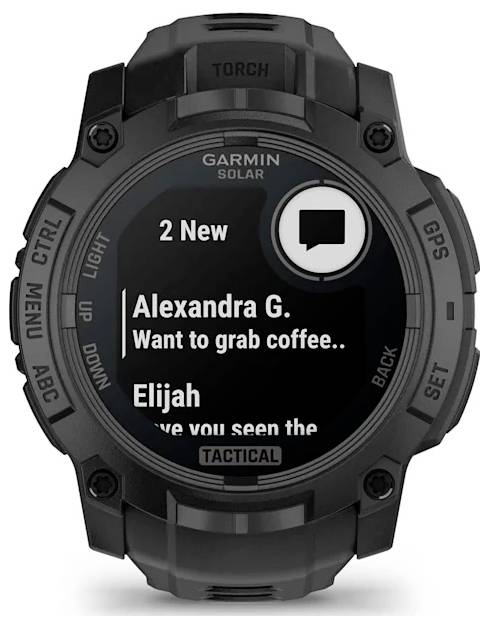 Garmin Tactical-Smartwatch zeigt 2 neue Nachrichten an, darunter eine von Alexandra G., die sagt „Lust auf einen Kaffee...