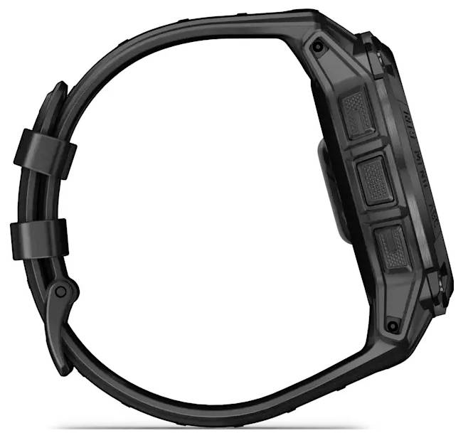 Schwarzer robuster Uhrenarmband und Gehäuse, isoliert auf weißem Hintergrund dargestellt, ohne sichtbares Display.
