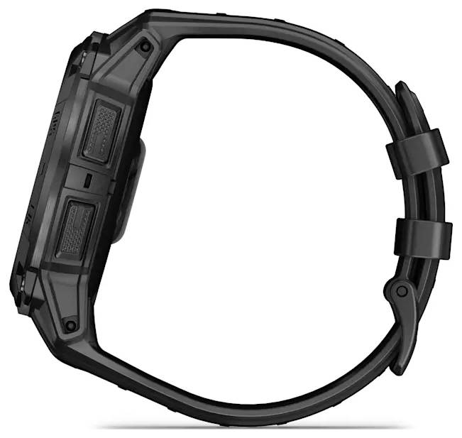 Schwarze robuste Smartwatch mit großem rechteckigem Zifferblatt und strapazierfähigem Armband, in Seitenansicht auf weißem Hintergrund dargestellt.