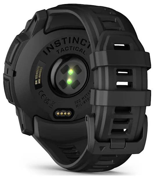Rückansicht einer schwarzen Garmin Instinct Tactical Smartwatch mit Herzfrequenzsensor, Ladekontakten und robustem Silikonarmband.