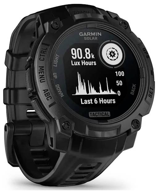 Schwarze Garmin Solar taktische Smartwatch mit einem Light-Widget, das 90,8k Lux-Stunden anzeigt und ein 6-Stunden-Balkendiagramm.