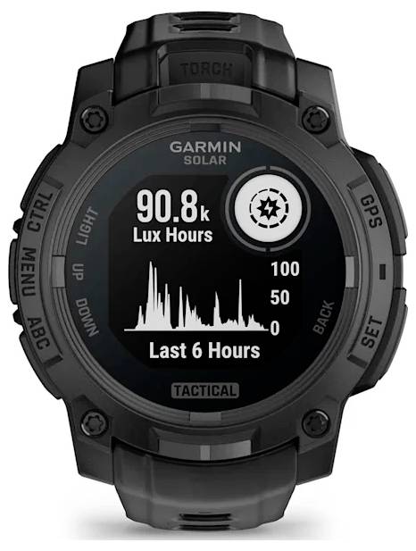 Garmin Solar taktische Smartwatch mit 90,8k Luxstunden, einem Aktivitätsgraph für leichte Aktivität der letzten 6 Stunden und seitlichen Tasten mit den Beschriftungen GPS, SET, ZURÜCK, ABC, MENÜ, MÄDCHEN, LICHT, OBEN, UNTEN, TASCHENLAMPE.