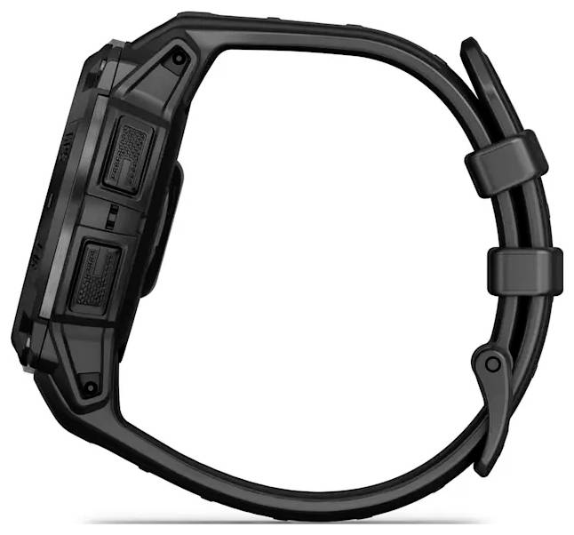 Schwarze digitale Armbanduhr mit massivem rechteckigem Gehäuse und Gummiarmband auf weißem Hintergrund gezeigt.