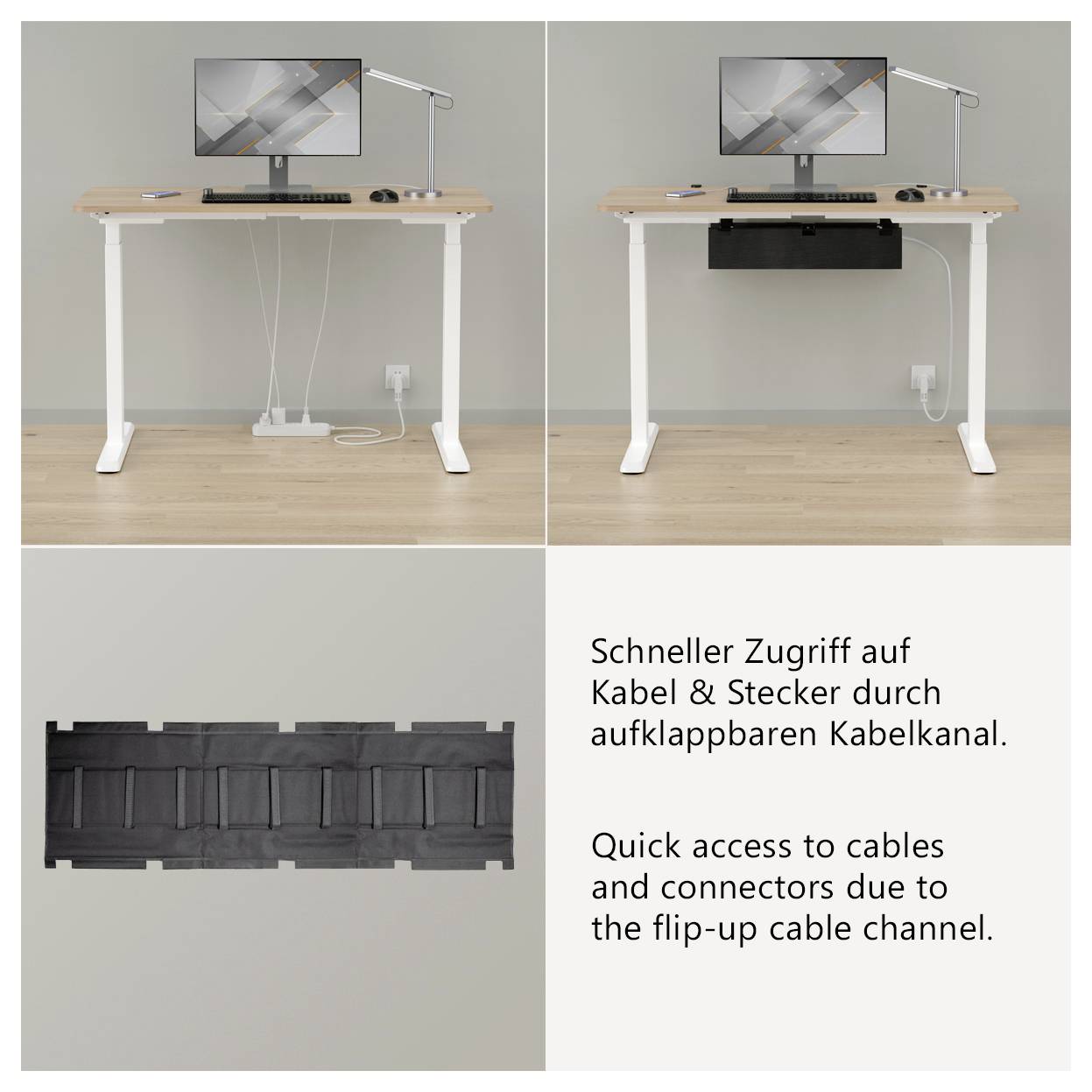 Schreibtisch mit aufklappbarem Kabelkanal für schnellen Zugriff auf Kabel und Stecker; unten der geöffnete schwarze Kabelkanal.