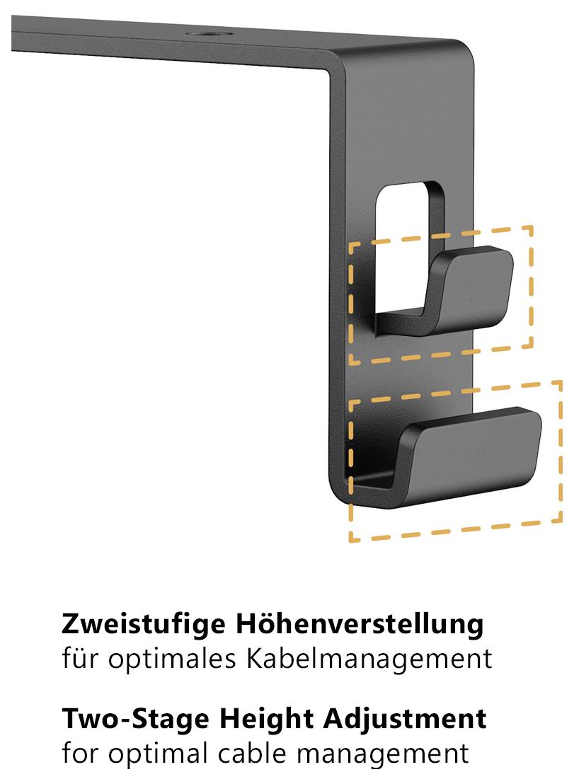 Schwarze Monitorhalterung mit zweistufiger Höhenverstellung für optimales Kabelmanagement; markierte Hebel zeigen die Einstellstufen.