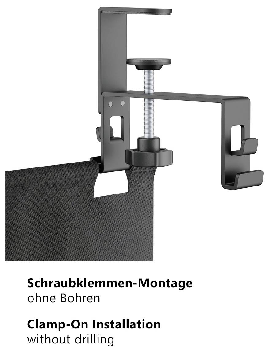 Schraubklemmen-Montage ohne Bohren: Metallhalterung klemmt eine Stoffkante fest; darunter steht 'Clamp-On Installation without drilling'.