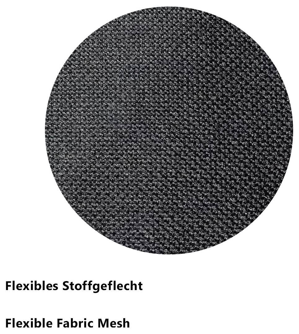 Rundes Nahbild eines schwarzen, flexiblen Stoffgeflechts; darunter die Beschriftung 'Flexibles Stoffgeflecht' und 'Flexible Fabric Mesh'.