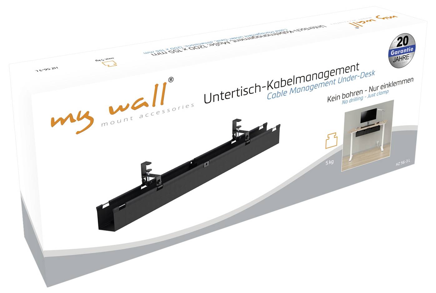 Verpackung für ein Untertisch-Kabelmanagement-System von 'my wall' mit schwarzem Kabelkanal und Hinweis 'Kein Bohren – Nur einklemmen'.