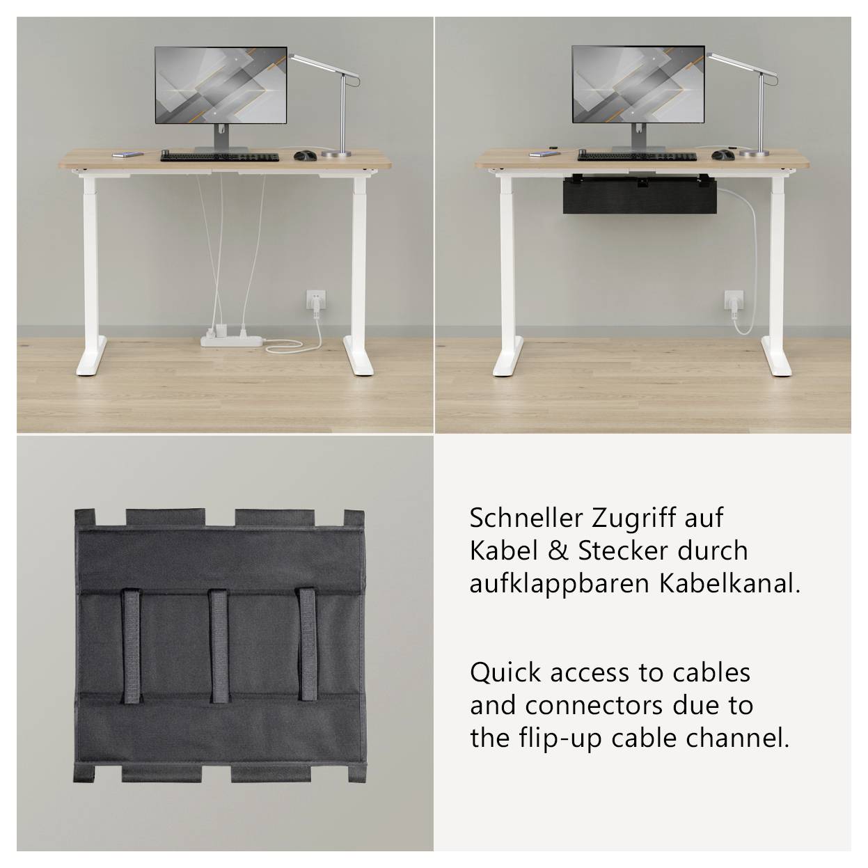 Schreibtisch mit aufklappbarem Kabelkanal für schnellen Zugriff auf Kabel und Stecker; darunter ist der geschlossene Kanal am Tisch sichtbar.
