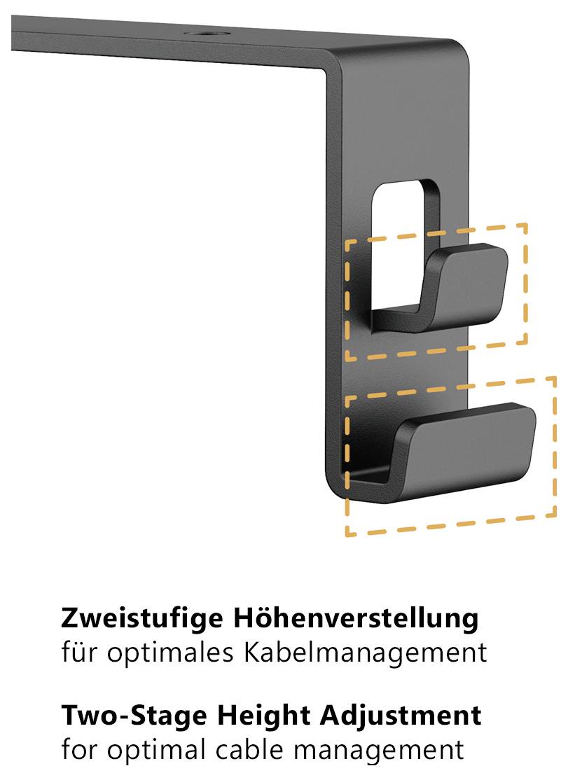 Schwarzer Monitorhalter mit zweistufiger Höhenverstellung; markiert sind zwei Positionen für optimales Kabelmanagement.