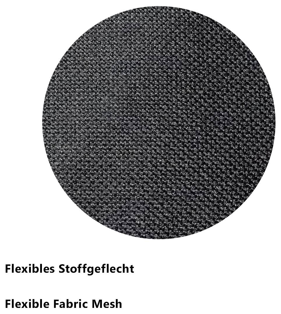 Rundes Muster eines flexiblen Stoffgeflechts aus dunklem, fein gewebtem Mesh; darunter die Beschriftung 'Flexibles Stoffgeflecht' und 'Flexible Fabric Mesh'.