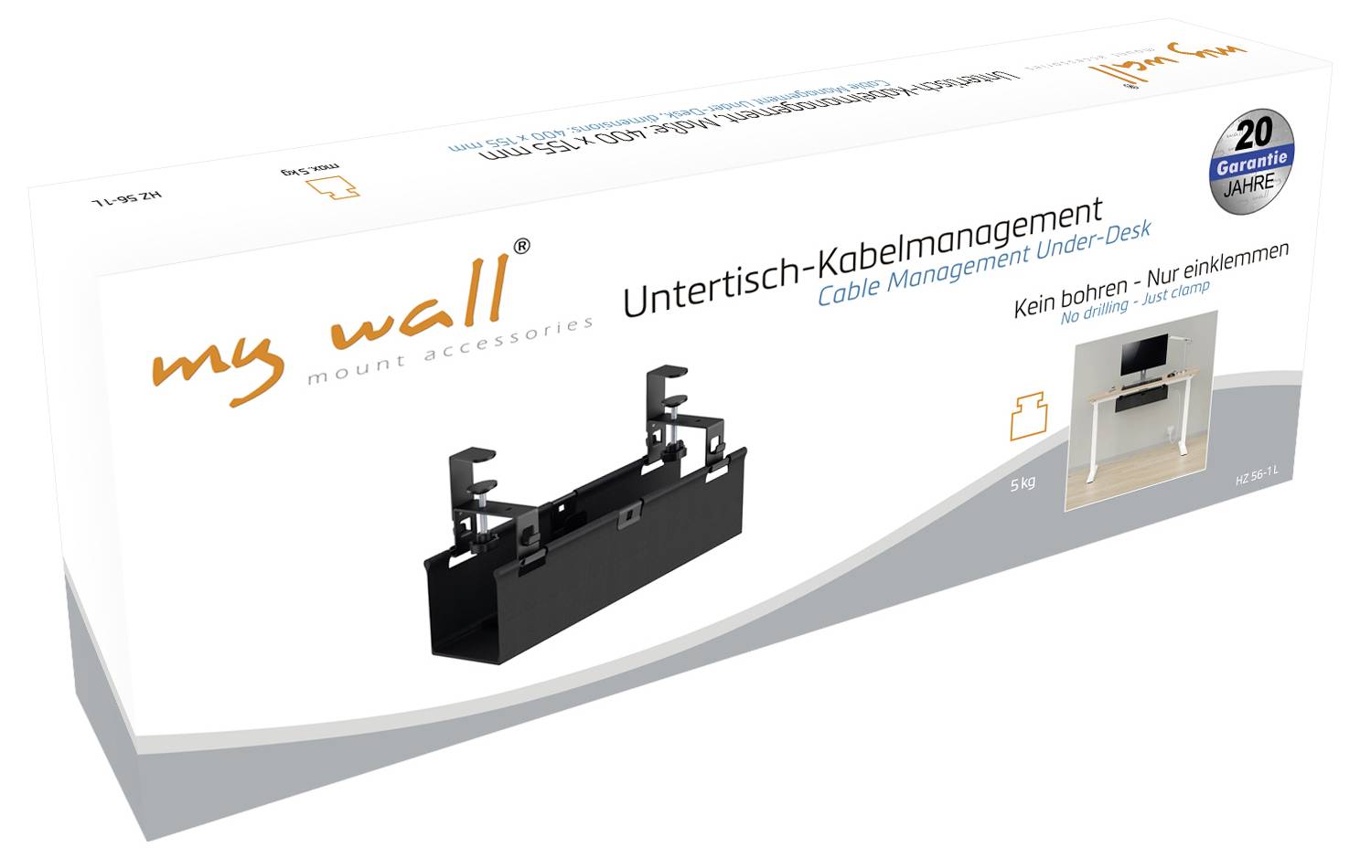Verpackung eines schwarzen Untertisch-Kabelmanagements 'Under Desk' von my wall mit Produktbild und Hinweis 'Kein bohren – Nur einklemmen'.