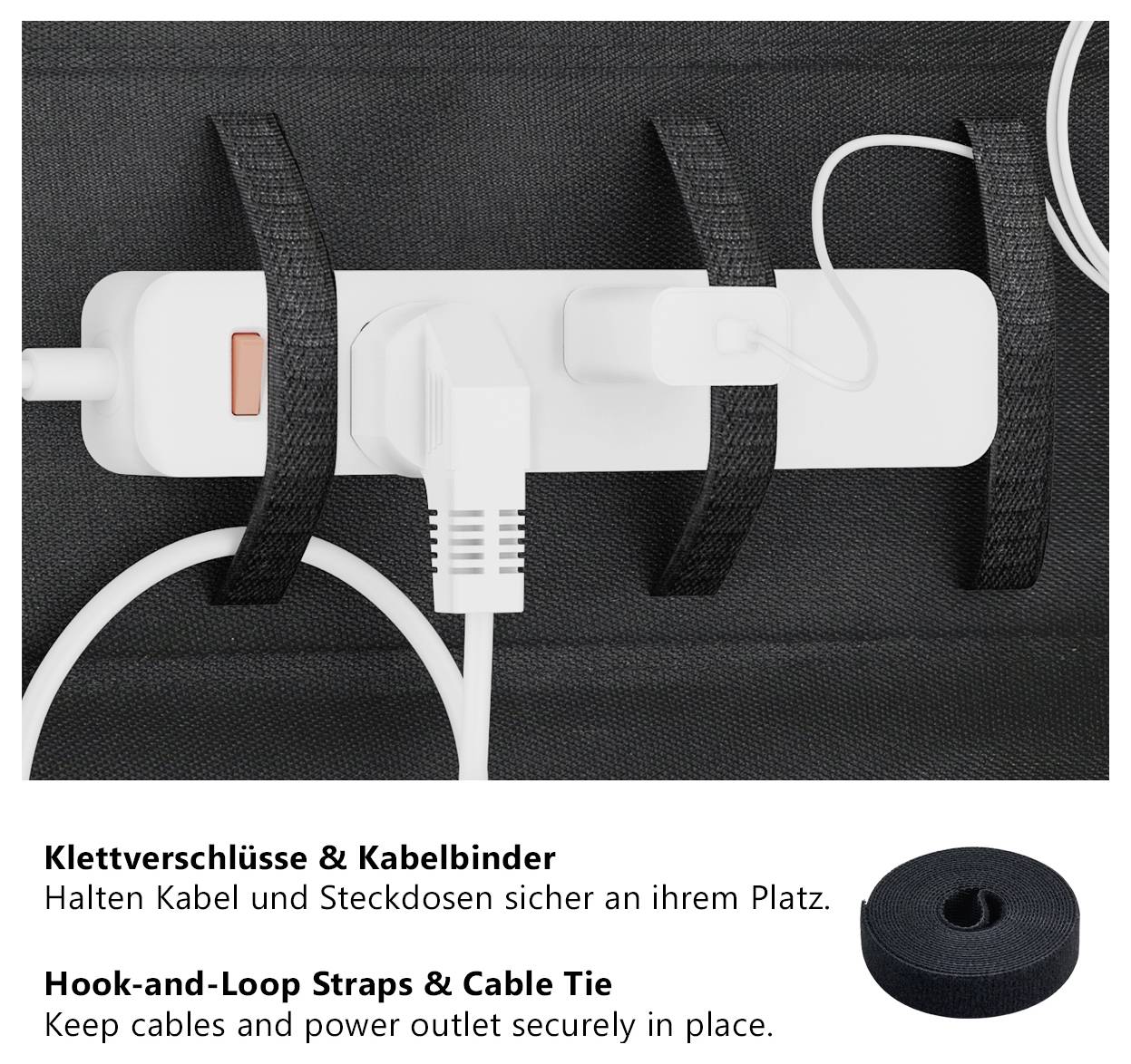 Klettverschlüsse sichern ein Steckdosenmodul und Kabel; darunter steht 'Klettverschlüsse & Kabelbinder' und 'Hook-and-Loop Straps & Cable Tie'.