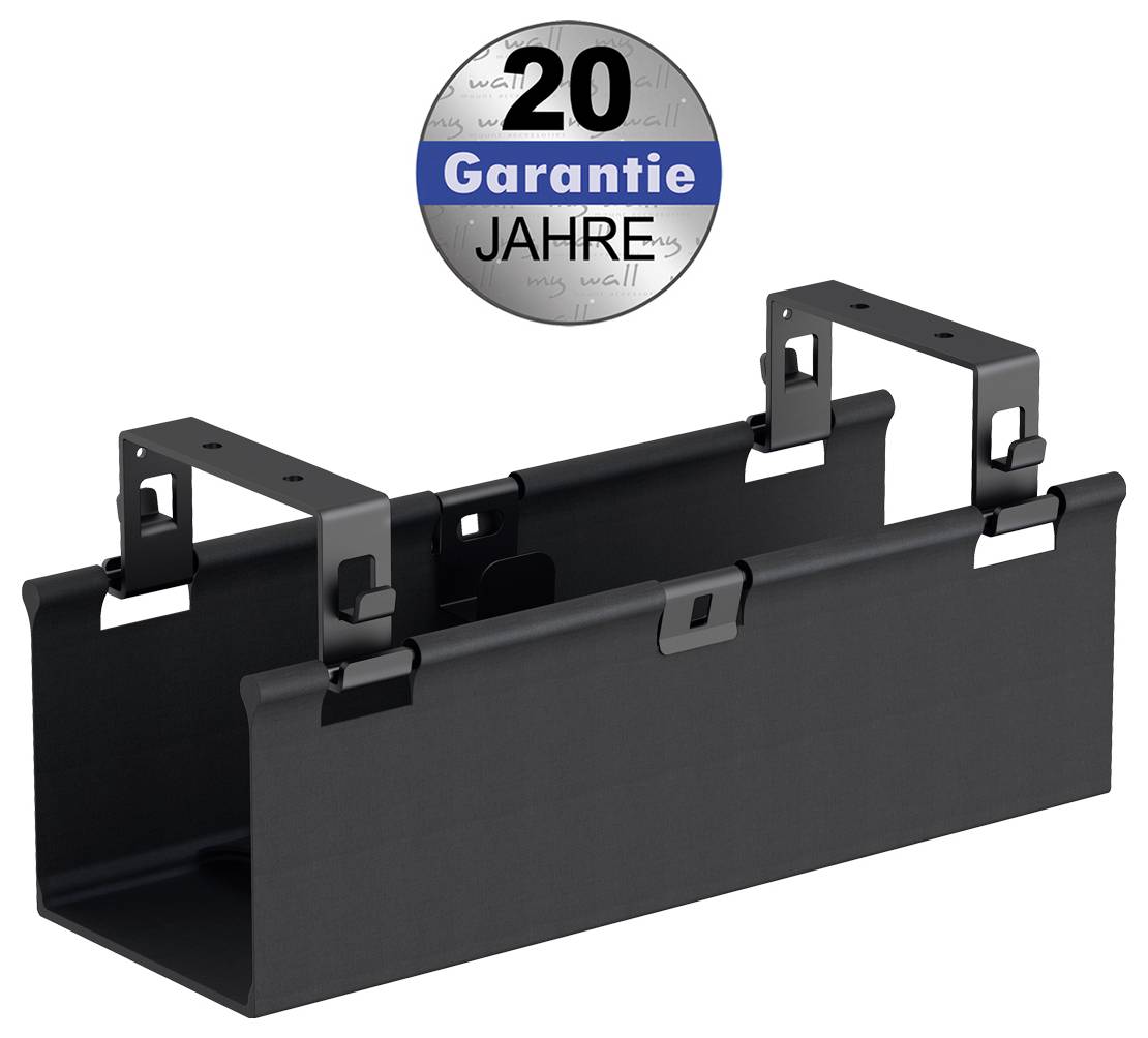 Schwarze Metall-Hängeorganizer-Box mit Wandmontage-Halterungen, mit einem Etikett „20 Jahre Garantie