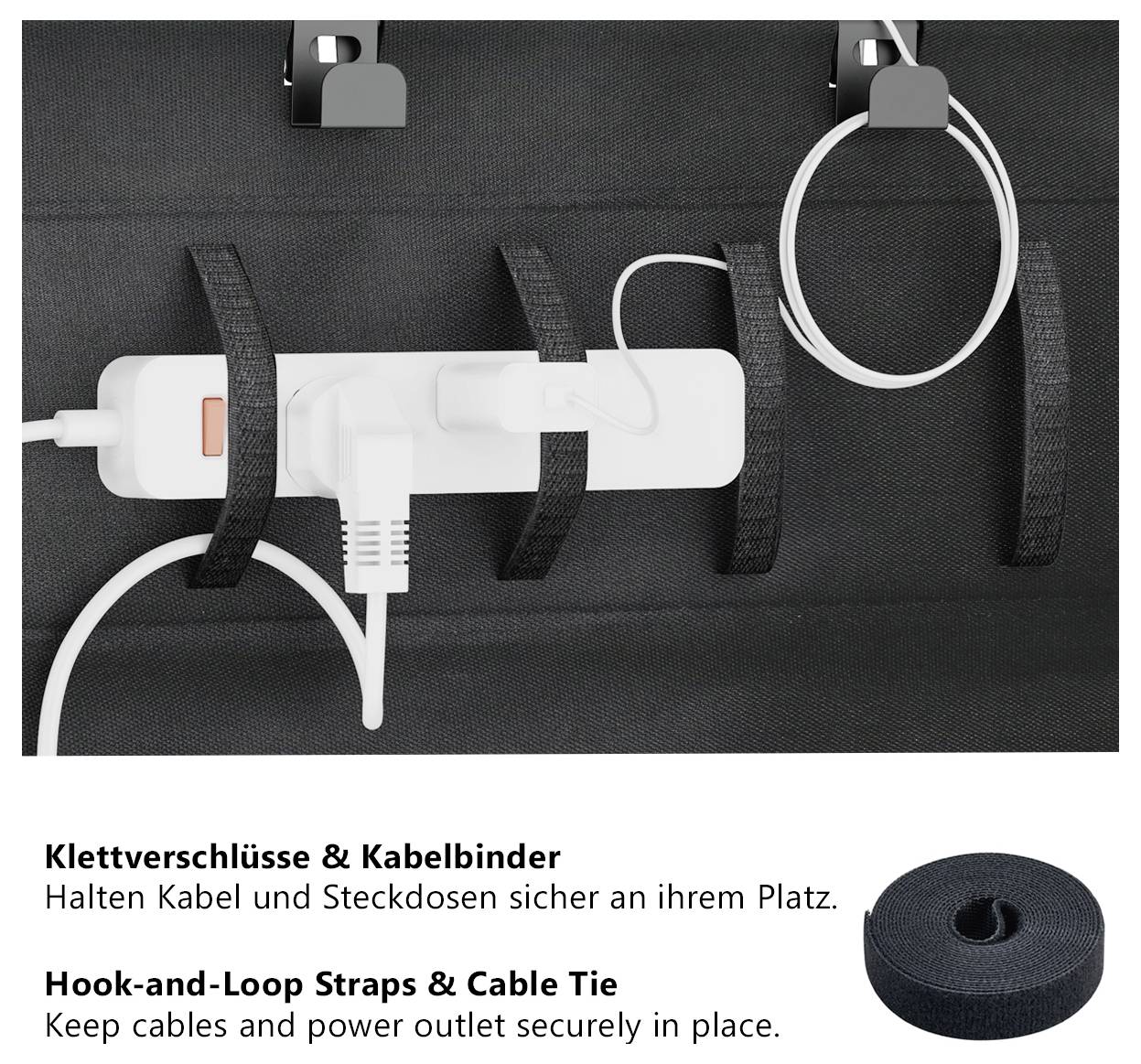 Klettverschlüsse und Kabelbinder fixieren Steckdosenleiste und Kabel an einer Tasche; unten steht 'Klettverschlüsse & Kabelbinder'.