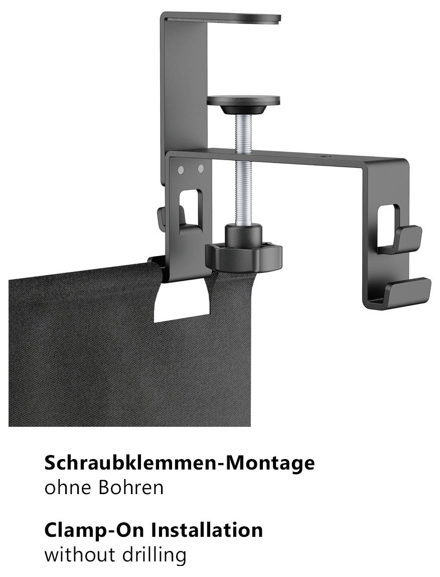 Schraubklemmen-Montage ohne Bohren: Eine Klemme befestigt einen Halter an einer Kante; darunter steht 'Clamp-On Installation without drilling'.