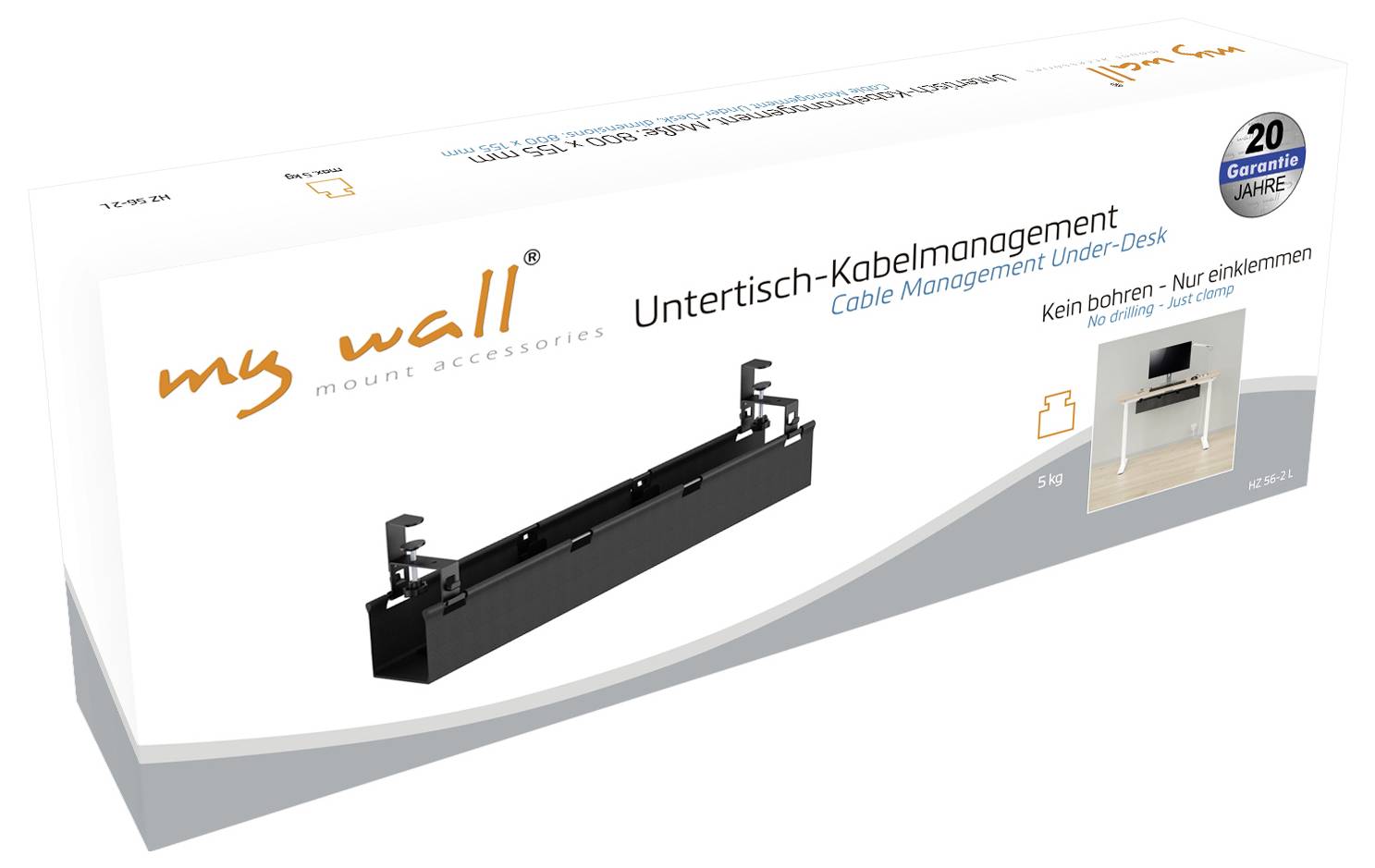 Produktverpackung für my wall Untertisch-Kabelmanagement: schwarzes Kabelmodul für unter dem Schreibtisch, mit Hinweis 'Kein Bohren - nur einklemmen'.