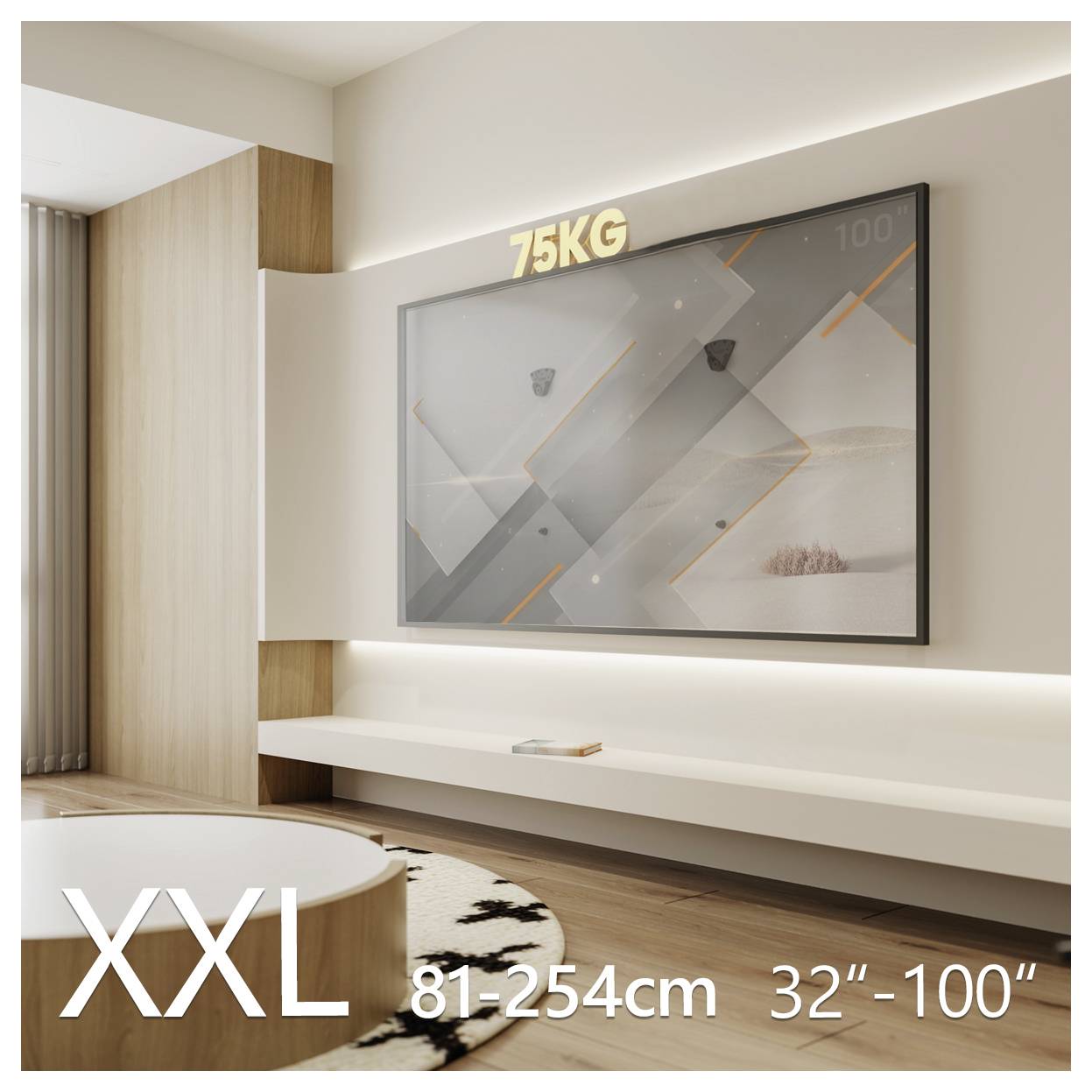 Modernes Wohnzimmer mit einem wandmontierten Fernseher, gekennzeichnet mit '75KG' und Größenbereich 'XXL 81-254cm 32''-100''', was auf eine robuste Halterung für große Fernseher hinweist.