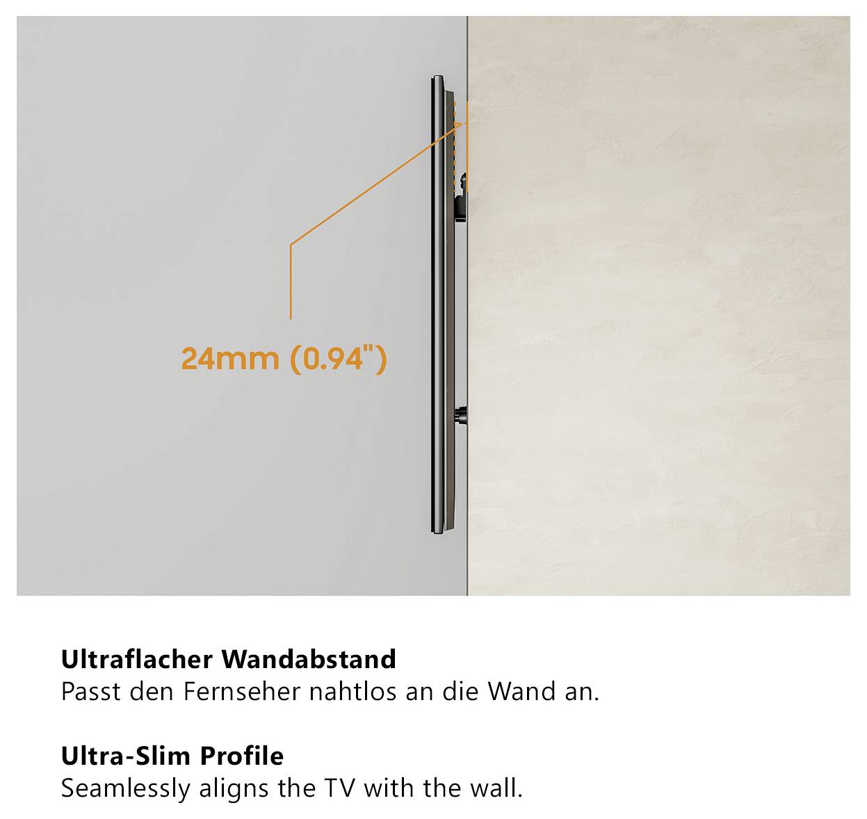 Diagramm eines TV-Wandhalters: ultraflaches Profil mit 24 mm Wandabstand, passt den Fernseher nahtlos an die Wand an.