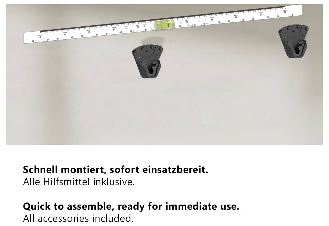Montierte Messleiste mit zwei Halterungen; darunter der Text 'Schnell montiert, sofort einsatzbereit. Alle Hilfsmittel inklusive.'