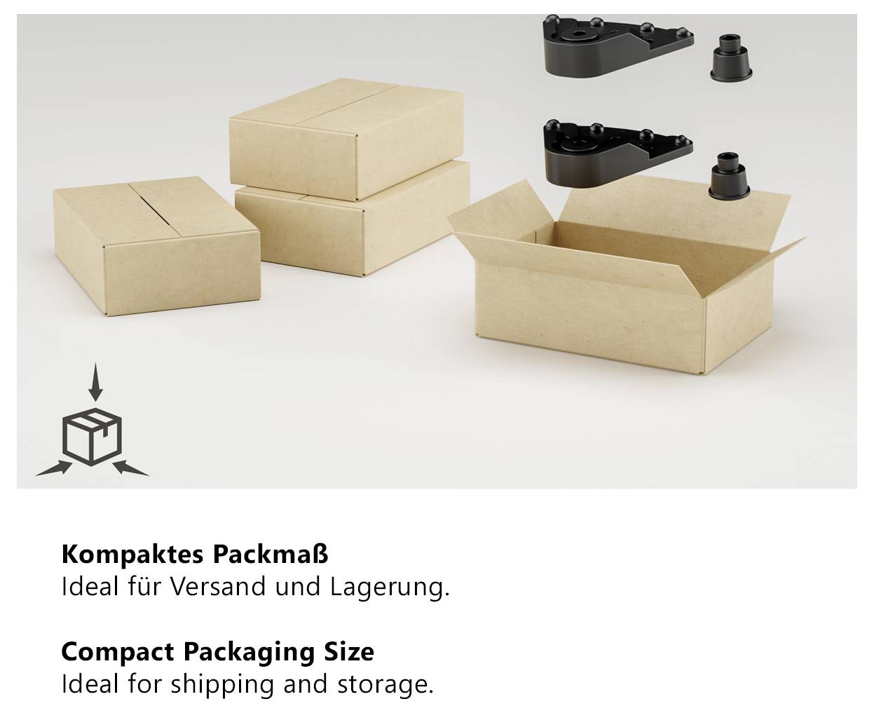 Verpackung mit vier Kartons in verschiedenen Größen, teils offen; Hinweis auf kompaktes Packmaß für Versand und Lagerung, zweisprachig beschriftet.