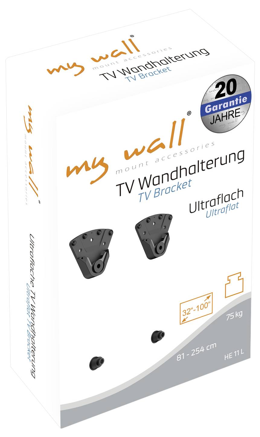 Verpackung einer TV-Wandhalterung 'my wall' mit '20 Jahre Garantie', für 32–100 Zoll und bis 75 kg.