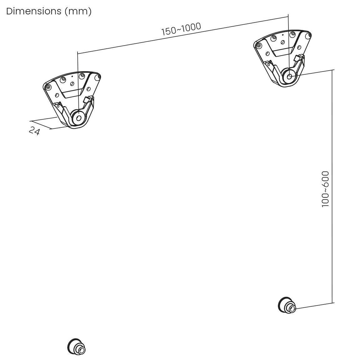 Technisches Maßstabdiagramm mit zwei wandmontierten Halterungen, die durch eine Linie verbunden sind, mit beschrifteten Abmessungen in Millimetern: 150-1000 oben, 100-600 vertikal und 24 Tiefe.