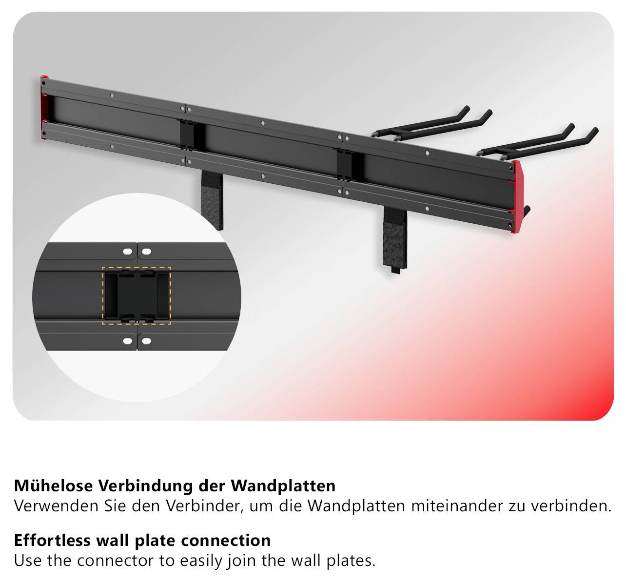 Verbinder für Wandplatten: zwei schwarze Platten werden nahtlos miteinander verbunden; kleines Detailbild zeigt die Steckverbindung in der Mitte.