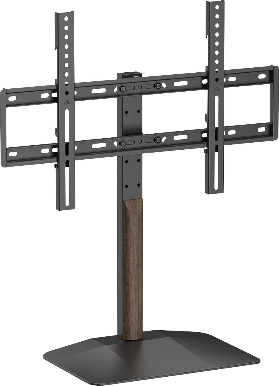 Schwarzes Fernseh-Standgerät mit Holzsäule und flacher Basis, das eine zweiarmige Halterung für einen Flachbildfernseher trägt.