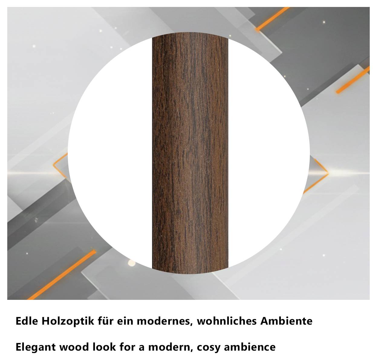 Holzoptik-Dekor in dunkler, moderner Maserung als Materialmuster für ein wohnliches, elegantes Ambiente.