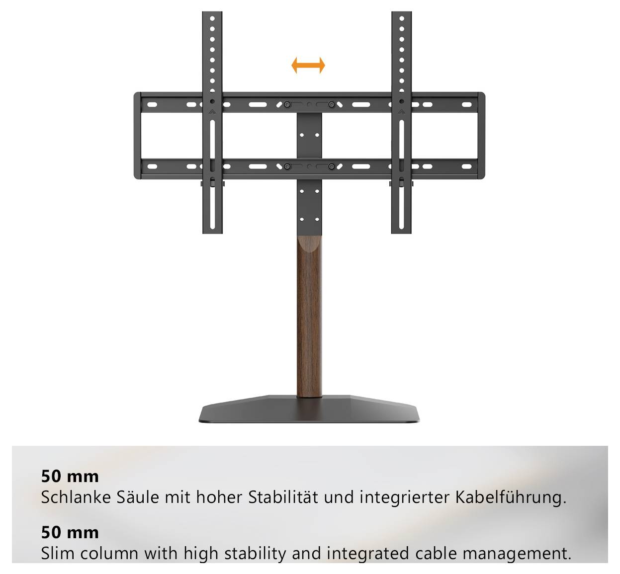 TV-Standfuß mit schwarzer Halterung, Holzsäule und breitem Standfuß; Text nennt 50 mm, hohe Stabilität und integrierte Kabelführung.