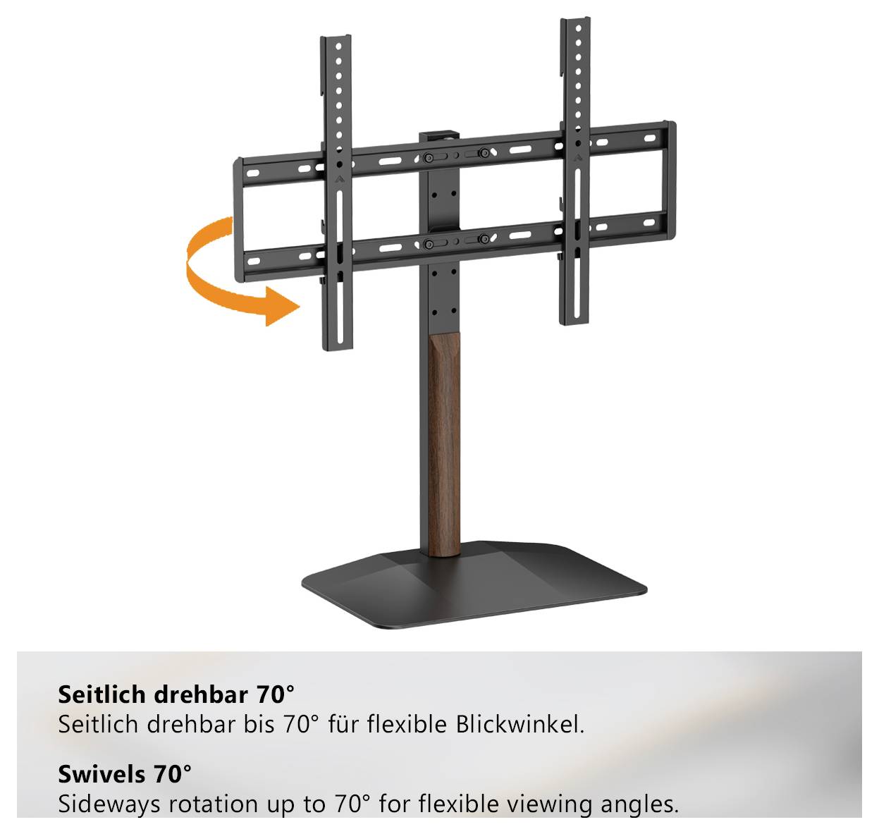 TV-Ständer mit seitlich drehbarer Halterung; Pfeil zeigt 70° Schwenkbereich. Text: 'Seitlich drehbar 70°' und 'Swivels 70°'.
