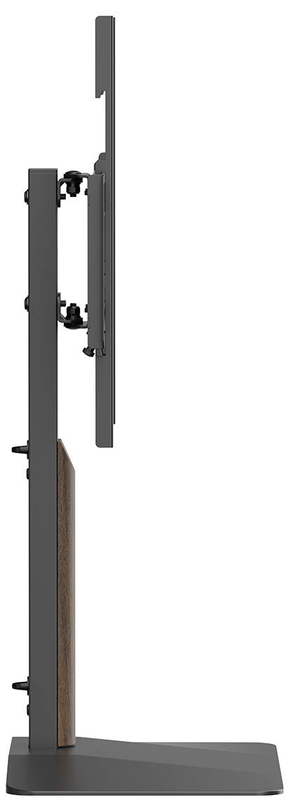 Seitenansicht eines schwarzen verstellbaren Monitorständers mit einem hohen vertikalen Arm und breiter Basis, gezeigt mit einem installierten Bildschirm