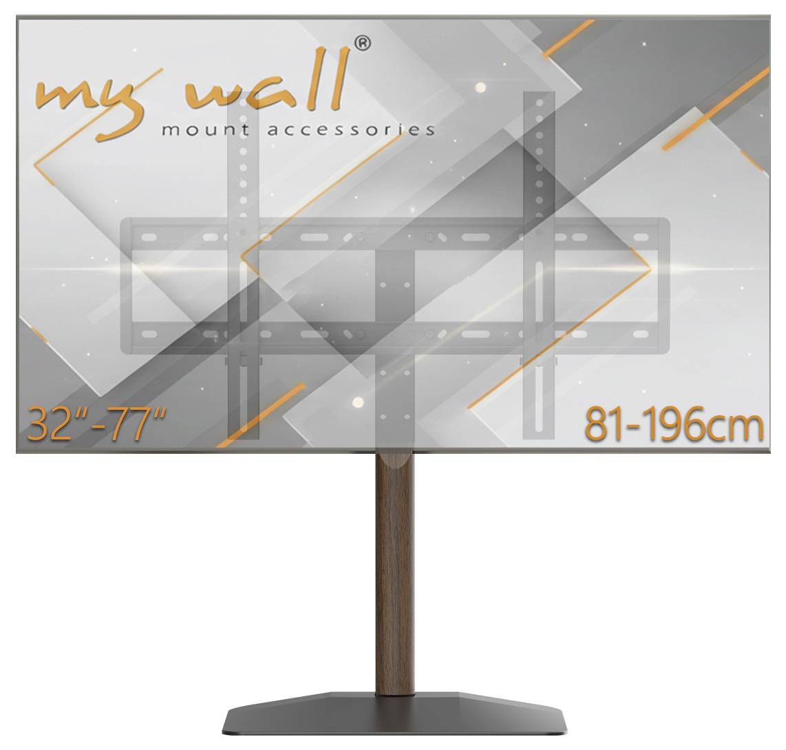 Produktbild einer My Wall TV-Wandhalterung Zubehör auf einem Standfuß, gekennzeichnet für 32'-77' Fernseher und 81-196cm Kompatibilität.