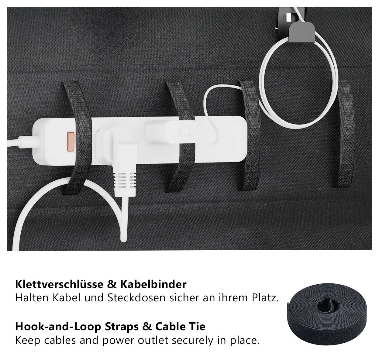 Klettverschlüsse und Kabelbinder sichern Mehrfachsteckdose und Kabel an einer Tasche; kleine Kabelspule unten rechts.