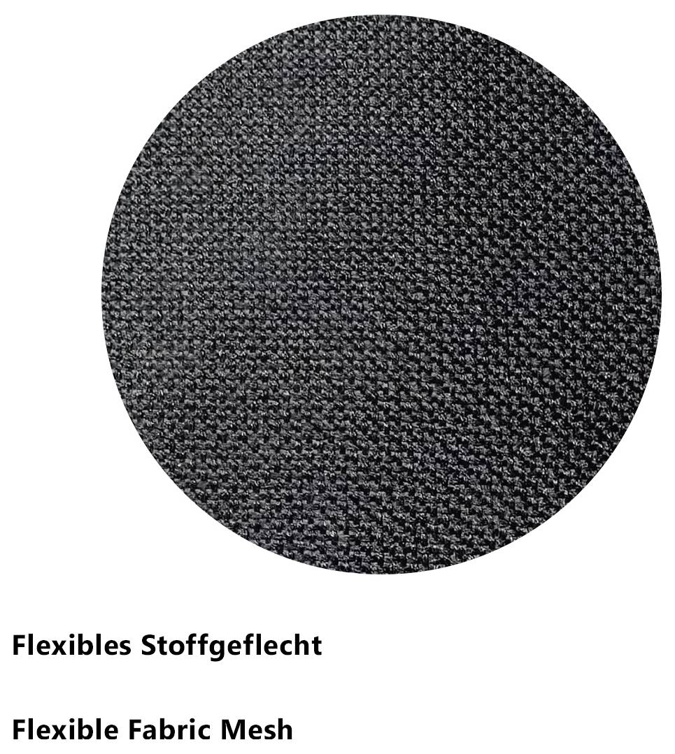 Rundes Foto eines flexiblen schwarzen Stoffgeflechts; darunter die Beschriftung 'Flexibles Stoffgeflecht' und 'Flexible Fabric Mesh'.