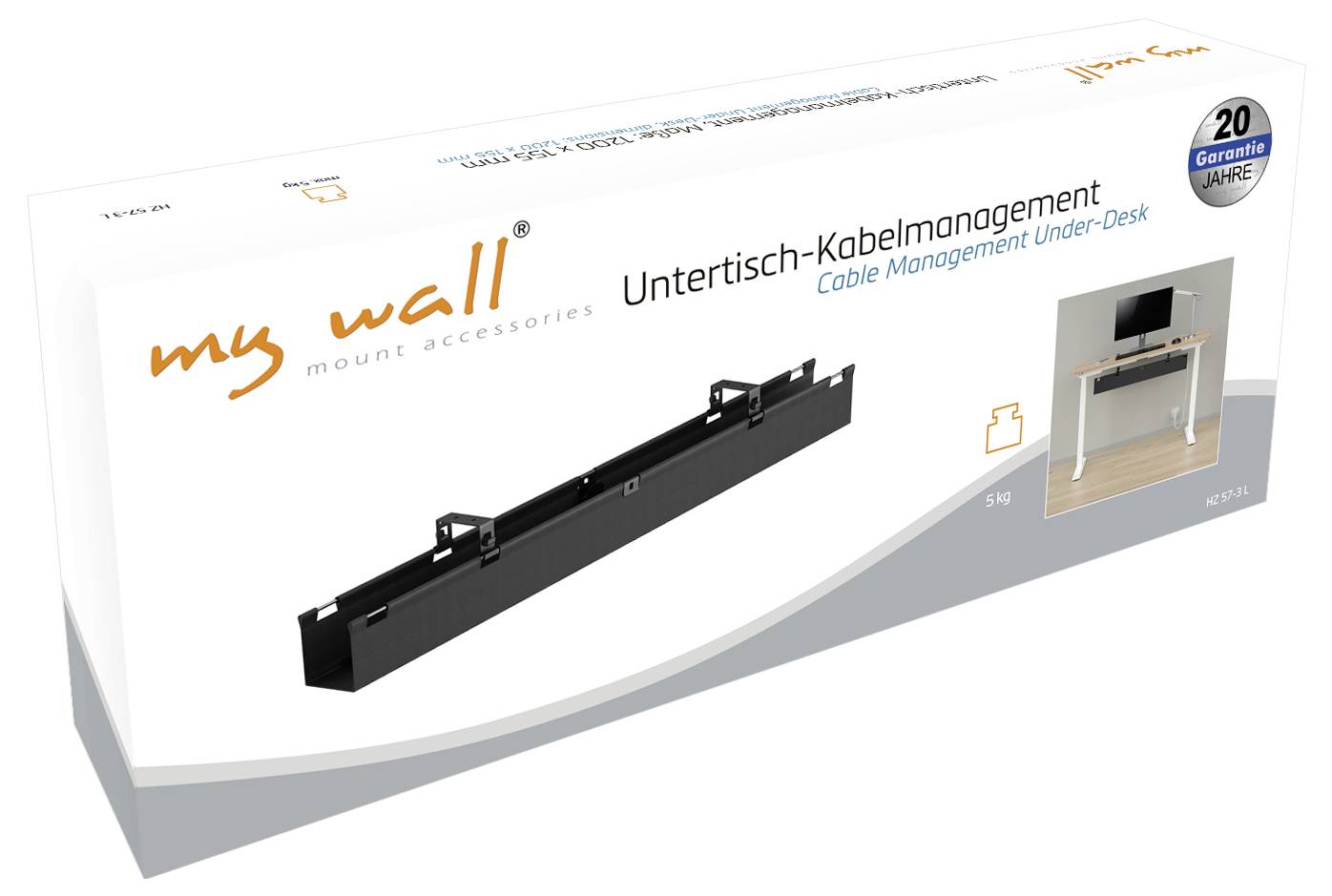 Produktverpackung für 'my wall' Untertisch-Kabelmanagement mit schwarzem Kabelkanal; zeigt die Montage unter einem Schreibtisch und 20 Jahre Garantie.