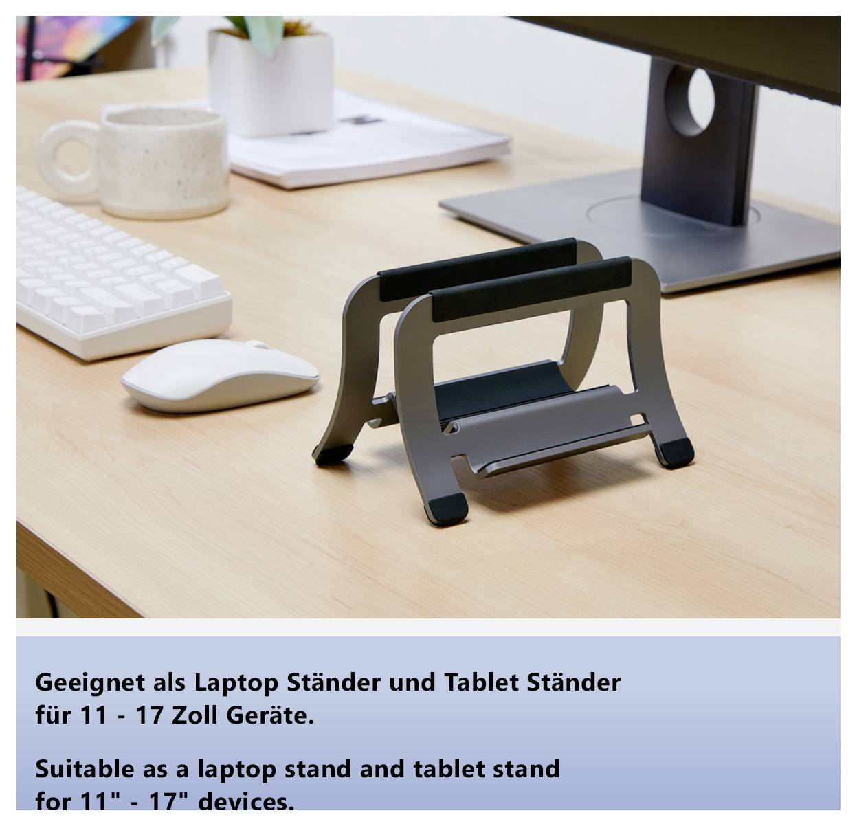 Laptop- und Tablet-Ständer auf einem Schreibtisch; Text: 'Geeignet als Laptop Ständer und Tablet Ständer für 11 - 17 Zoll Geräte.'