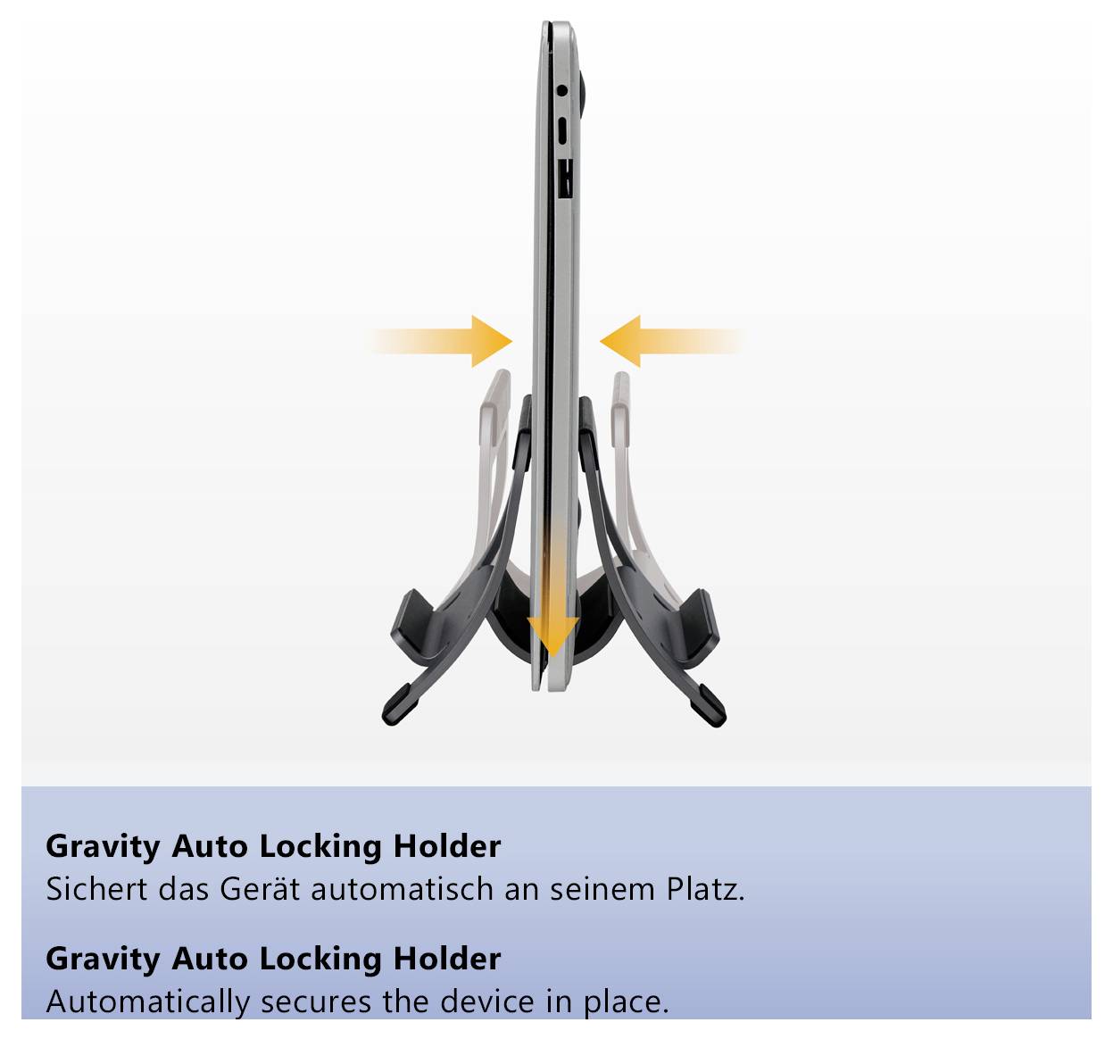Dreifach-Smartphonehalter mit orangefarbenen Pfeilen; automatische Verriegelung hält das Gerät fest. Text: 'Gravity Auto Locking Holder' und 'Sichert das Gerät automatisch an seinem Platz.'
