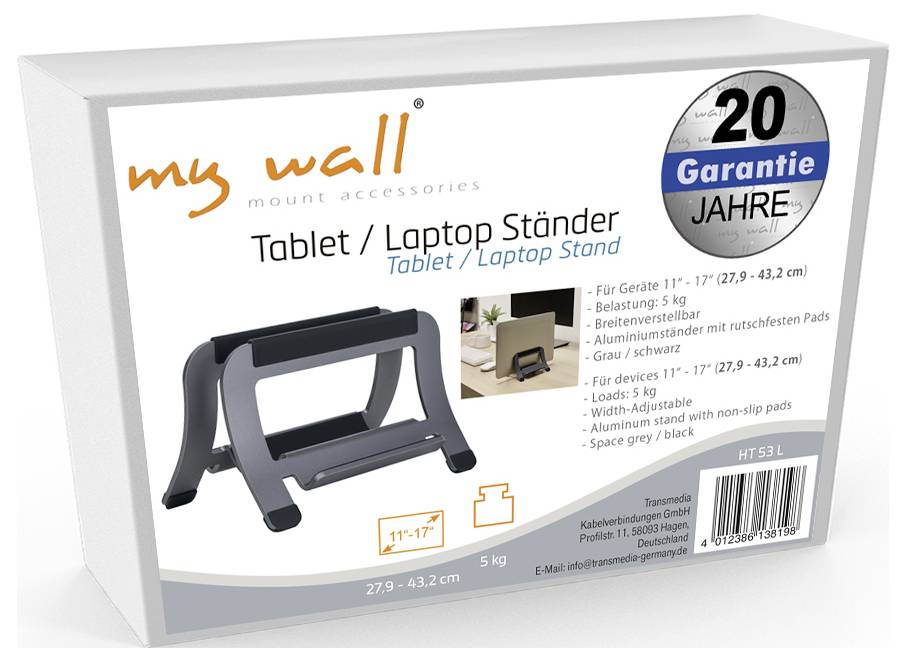 Verpackung eines 'my wall' Tablet-/Laptop-Ständers in Schwarz, mit Produktfoto, 20 Jahren Garantie und Angaben für Geräte von 11–17 Zoll.
